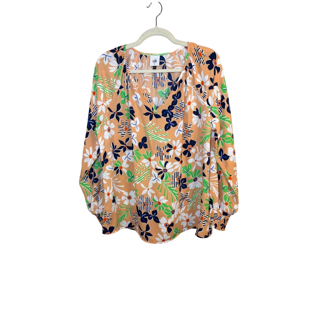Cabi Womens Blouse Size M Orange Floral Tropical Split Neck Smocked Cuff Spring